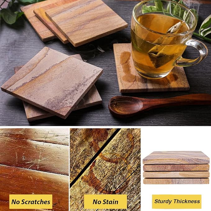 Sandstone Water Absorbent Hand Crafted Square Coasters for Drinks - 4 Inches Wide Thirsty Stone Bar/Drink Coasters- Made from Rainbow Sandstone (Set of 4 Without Holder)