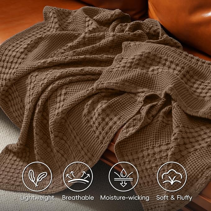 PHF 100% Cotton Waffle Blanket Twin Size for College Dorm, Lightweight Breathable and Soft for Summer, Luxury Aesthetic Waffle Weave Blanket for Bed & Gifts for Women, 66"x90", Chocolate