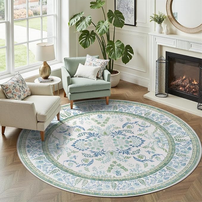 DCX Area Rug 4x4 Botanical Floral Washable Rugs in Green and Blue Soft Non Slip Low Pile Stain Resistant Round Carpet for High-Traffic Areas Bedroom Kitchen