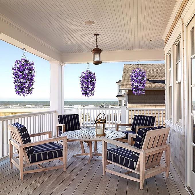INXUGAO 2 pcs Artificial Faux Bougainvillea Flowers Plants for Outdoor Outside Summer Decoration, Fake Silk UV Resistant Long Trailing Vines for Front Door Porch Planter Balcony (Purple Dark Purple)