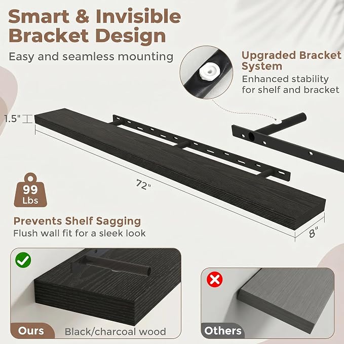 72 Inch Floating Shelves for Wall, 8"D Wood Storage Shelves, Black Finish | Engineered Wood, Invisible Bracket, Large Storage, Easy Install, Hold Up to 99lbs, Living Room, Bathroom, Bedroom, Kitchen