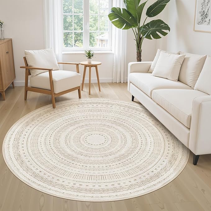 cotiled 5x5 Round Area Rug Living Room: Washable Boho Rugs with Non Slip Backing Large Soft Indoor Stain Resistant Carpet for Bedroom Farmhouse Dining Room Lightweight Home Decor Brown/Cream