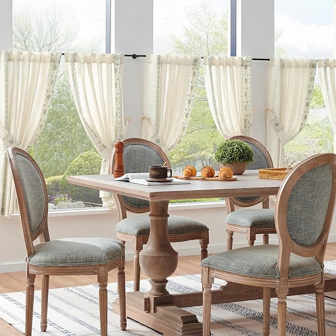 jinchan Small Window Curtains 54 Inch Length Linen Cafe Curtains for Kitchen Bathroom Bordered Floral Embroidered Short Drapes Rustic Farmhouse Light Filtering Curtain Set 2 Panels Green on Beige