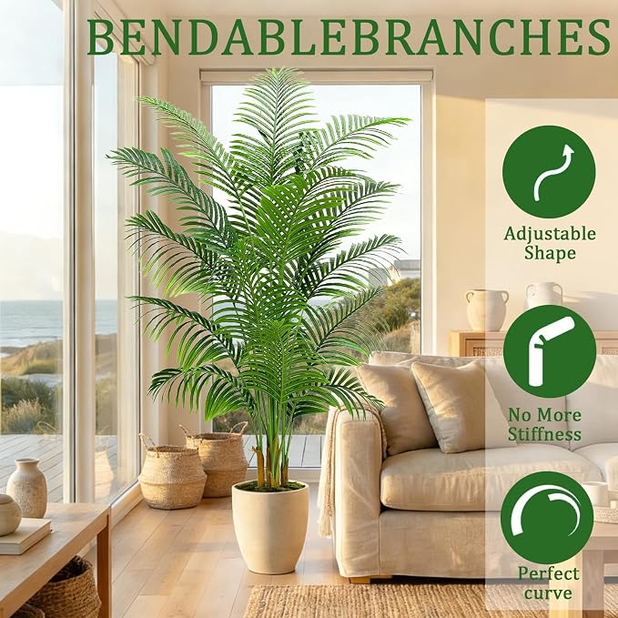 2 Pack Artificial Palm Tree Indoor Plant 7FT Tall Fake Tropical Palm Tree in Pot, Real Bark Design Faux Areca Palm Tree for Home Office Living Room Bedroom Farmhouse Modern Outdoor Topiary Tree