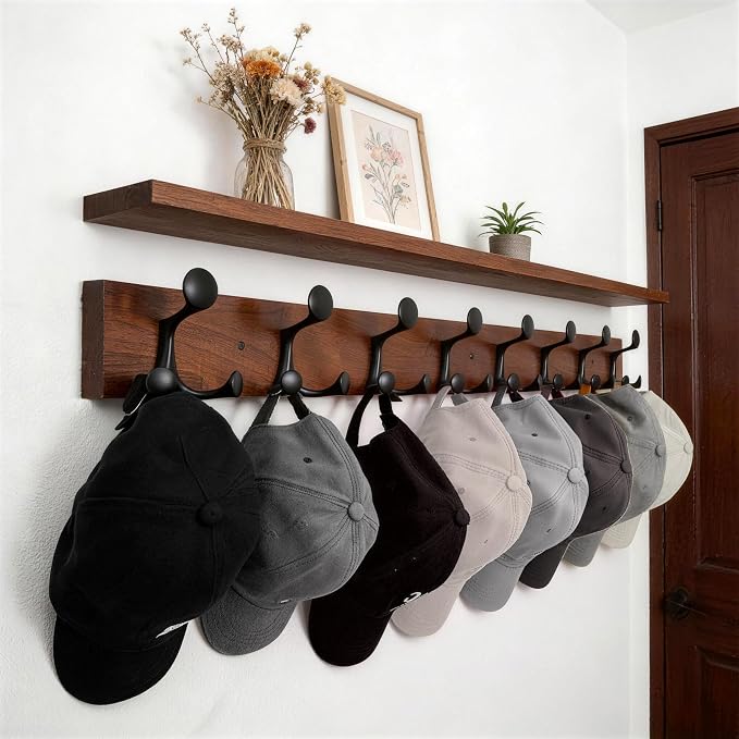 WEBI Coat Rack Wall Mount,43" Solid Wood Coat Hooks Wall Mounted Coat Hanger,16" Hole to Hole,Heavy Duty 8 Triple Hooks for Hanging Coats,Jacket,Hat,Backpack,Farmhouse,Reddish Brown,2 Packs