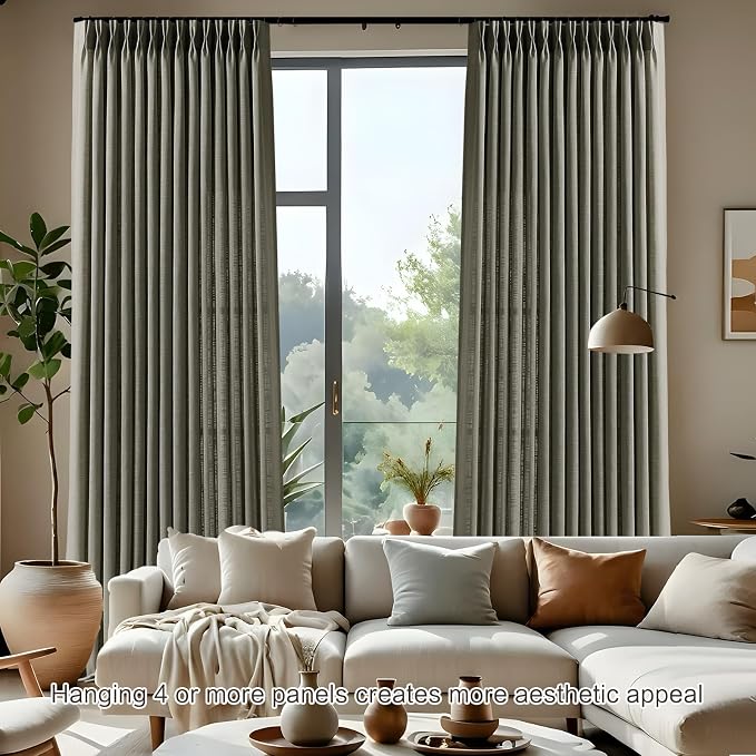 YZ HOME Dark Grey Pinch Pleated Linen Curtains 96 Inches Long for Living Room, Light Filtering Pleat Drapes Textured Thick Ceiling Semi-Sheer Window Curtain with Hooks for Bedroom Balcony, 2 Panels