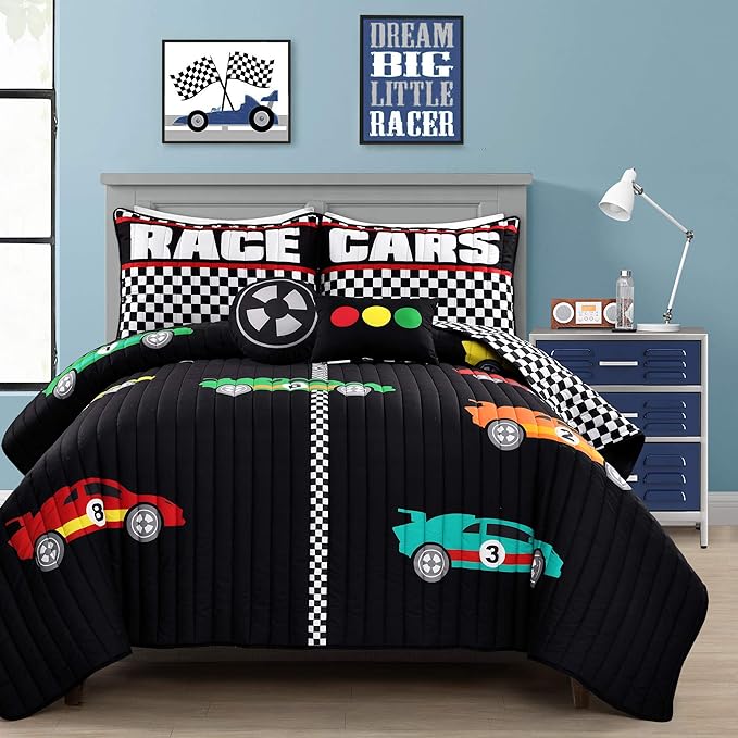 Lush Decor Racing Cars Reversible Quilt Queen Size 5 Piece Set Full/Queen Black & Multi - Kids Bedding Set Queen Quilt - Car Decor