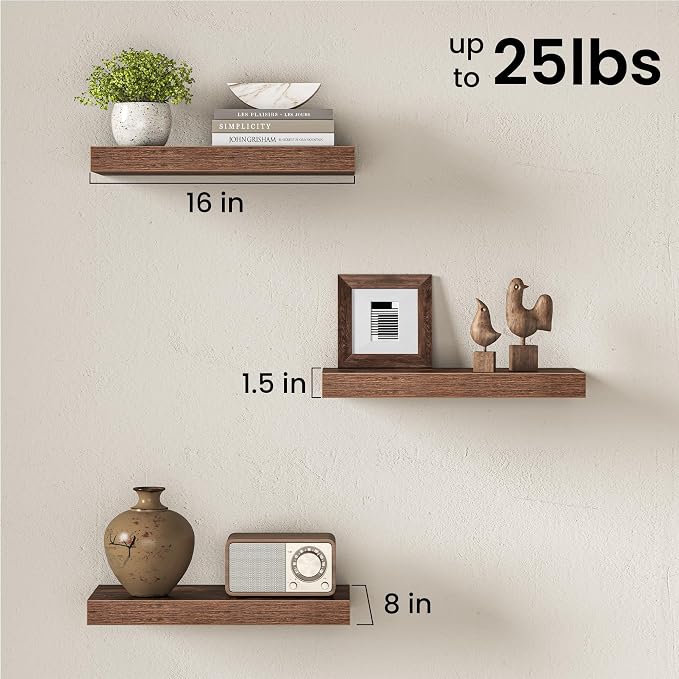 16" Floating Shelves for Wall, Set of 3, 8" Deep, 1.5" Thick, Brown | Rustic Wood Wall Shelves with Invisible Brackets, Storage and Display for Bathroom, Bedroom, Living Room or Kitchen