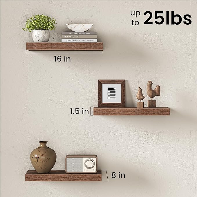 Fun Memories 16 Inch Floating Shelves for Wall, 8 Inch Deep Rustic Wood Wall Mounted Shelves with Invisible Brackets for Bathroom, Bedroom, Kitchen & Living Room Storage Decor, Rustic Brown, 2 Pack