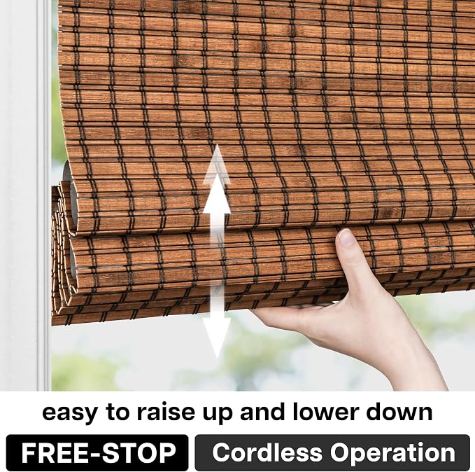 LazBlinds Cordless Blackout Bamboo Roman Shades, 45x64, Penang Teak | Room Darkening Blinds for Interior Windows, Thermal Insulated Roll Up Bamboo Blinds for Home & Patio