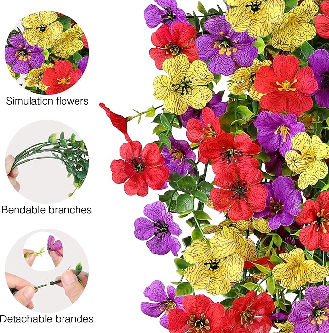 Artificial Flowers for Outdoors Spring Decor, 6 Bundles UV Resistant Realistic Faux Silk Hanging Flowers, Fake Plants for Planter Indoor Outside Garden Porch Patio Balcony Yard Farmhouse（Mix）