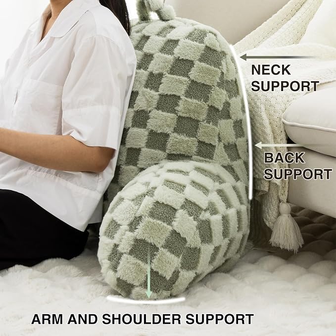 A Nice Night Faux Fur Reading Pillow,Checkered Fluffy Grid Plaid,Bed Wedge Pillow Large Adult Children Backrest with Arms for Bedrest,Green