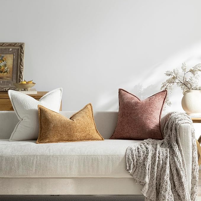DEZENE Pack of 2 Cream White Decorative Throw Pillow Covers 22x22 Cozy Soft Chenille Accent Vintage Square Couch Pillow Covers for Home Decor Bed Sofa Living Room