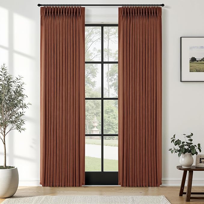 Terracotta Burnt Orange Thick Linen Curtains Pinch Pleated 84 Inch Length 2 Panels for Living Room Bedroom Semi Sheer Light Filtering Heavy Linen Drapes