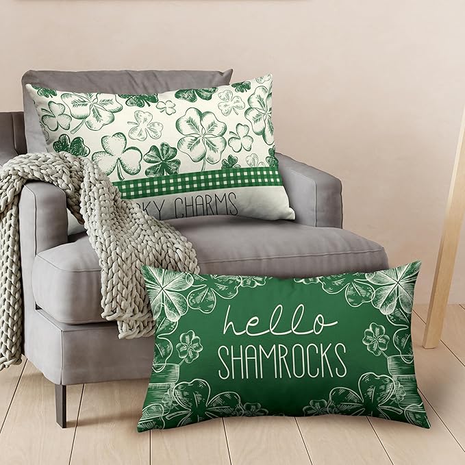 Green Lucky Charm Lumbar Pillow Covers 12x20 Set of 2 Hello Shamrocks St Patricks Day Throw Pillow Covers Clover Hat Cotton Linen Cushion Case for March Holiday Home Outdoor Decor Sofa