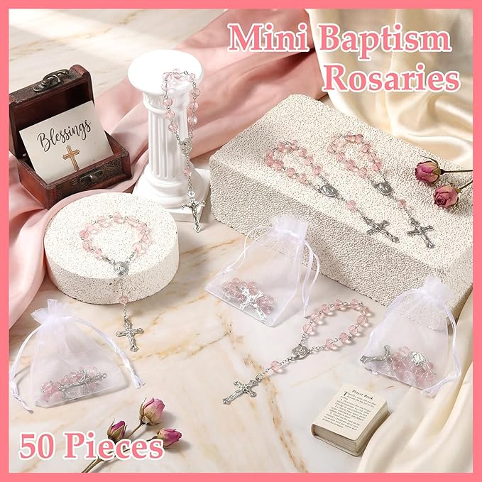 Sureio 50 Sets Baptism Favors Rosary Set Including Mini Rosary Beads Baptism Favors Organza Bags for Baby Shower Wedding Supplies Gifts for Christening Weddings First Communion Easter Gift (Pink)