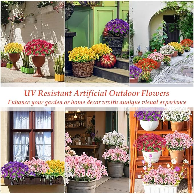 32 Bundles Artificial Flowers for Outdoors, UV Resistant Realistic Fake Silk Violet Flowers with Plastic Faux Plants Bulk for Outside Garden Yard Porch Patio Pots Window Boxes Hanging Planters Decor