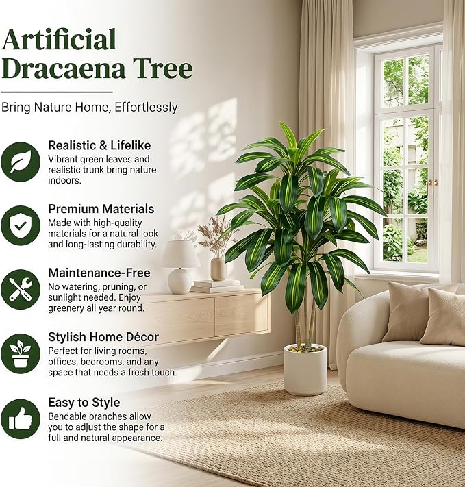 Artificial Dracaena Tree-4FT Fake Plants with White Planter-Artificial Plants Indoor Floor Plant in Pot-Tropical Fake Yucca Potted Tree for Home Office Living Room Decor