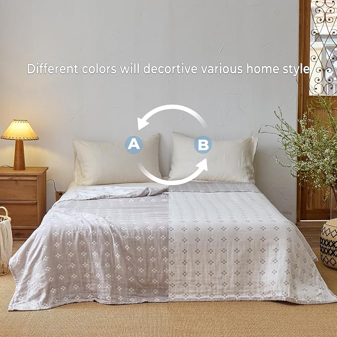 100% Cotton Muslin Blanket, Soft Reversible 4-Layer Gauze Cotton,Checkered Blanket for Couch Twin Size Bedspread Room Decor Pinic Blanket, 60"×80", Grey/Off White