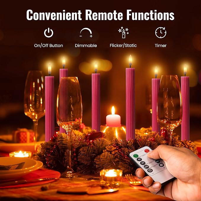 12 Pack, 10" LED Flameless Pink Fluted Ribbed Grooved Taper Candles with 2 Remotes & 24h Timer Memory, On/Off Button, Dimmable, Flicker Mode, Battery Operated, Christmas Menorah Wedding