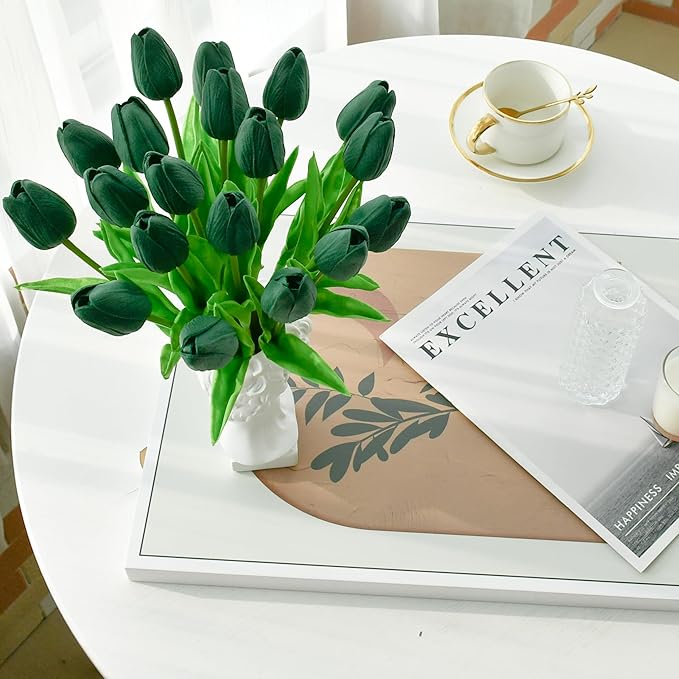 Mandy's Dark Green Artificial Tulips Flowers Centerpiece, 13.5" Lifelike PU Fake Floral Stems 20pcs for Kitchen Island & Dining Table, Spring Decor for Easter
