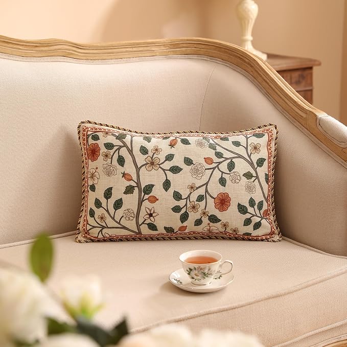 ISAENNE Designer Elegant Vintage Linen Throw Pillow Cover,20"x12"-Flora A | French Rectangle Decor Pillow Cover,Concealed Zipper Design,Floral Pattern,Sofa,Bedroom,Living Room,Lounge Chairs