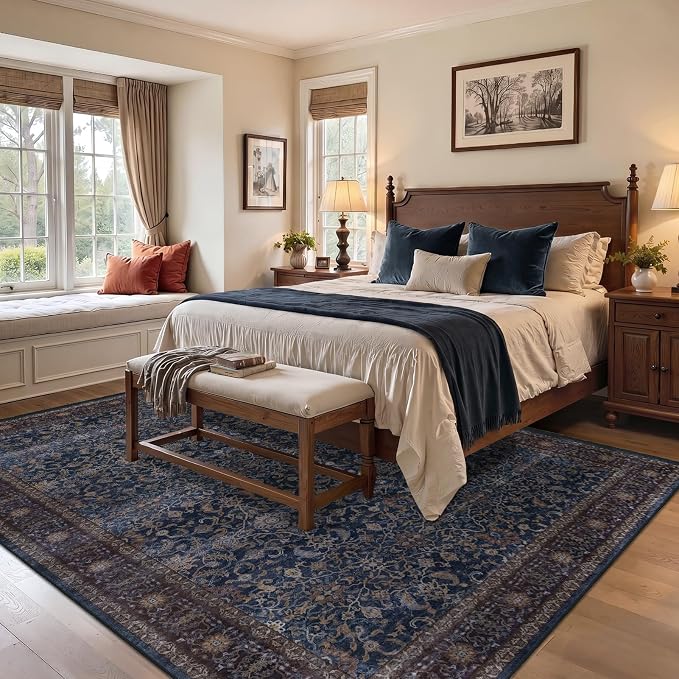 Dark Blue Area Rugs 9x12 Living Room, Washable Non Slip Low Pile Large Carpet for Bedroom Dining, Vintage Old Money Aesthetic Print Big Decorative Rug for Family Room