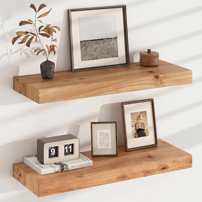 FLYJOE Floating Shelves for Wall, USA-Sourced Elm Wood 24 Inch Wall Shelves Set of 2, Natural Wooden Mounted Picture Ledge Shelf, Nursery Book Storage Shelf Kids Bookshelf Display, Shelf for Bathroom