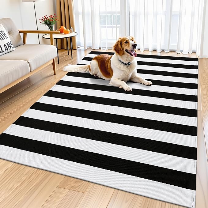 OLANLY Black and White Striped Rug 4' x 6' – Washable Cotton Indoor Outdoor Doormat for Front Door, Entryway, Kitchen, Porch, Patio Decor