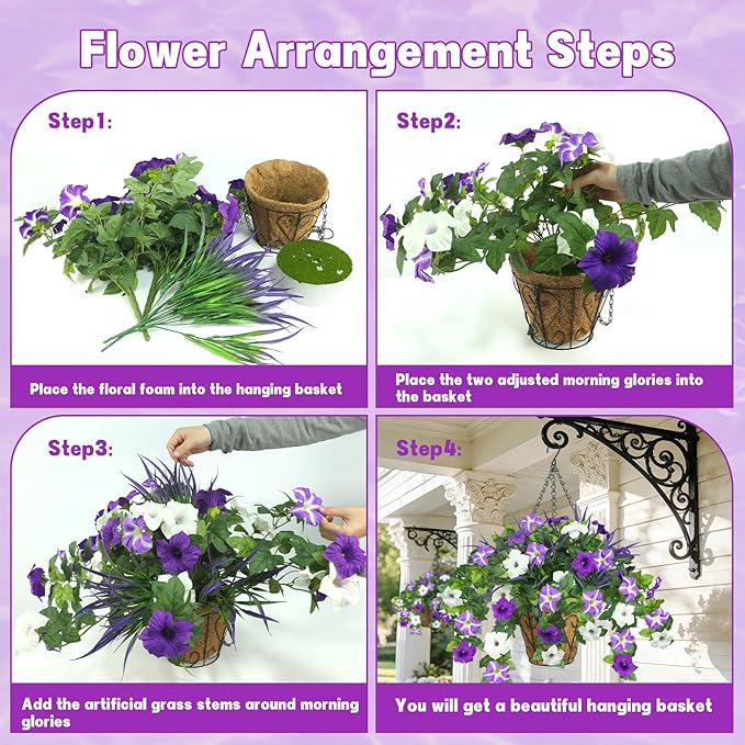 2 Pack Artificial Flowers Hanging Baskets for Outdoors, 10 PCS UV Resistant Faux Outdoor Plants, Fake Petunias Silk Flowers for Garden Balcony Yard Porch Decor (White Green Purple)