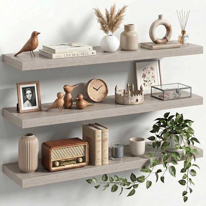 36" Floating Shelves for Wall, Set of 3, 8" Deep, 1.5" Thick, Gray | Rustic Wood Wall Shelves with Invisible Brackets, Storage and Display for Bathroom, Bedroom, Living Room or Kitchen