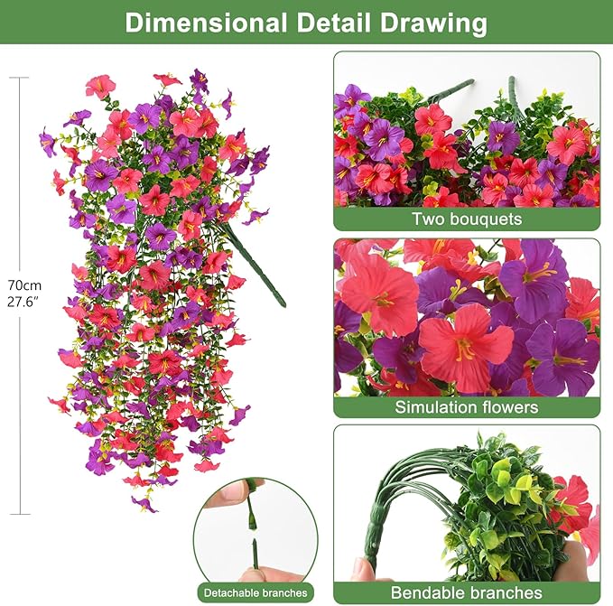 Artificial Fake Flowers Plants for Outdoor Spring Summer Decoration,2 PCS Faux Silk Morning Glory with Eucalyptus Leaves,UV Resistant Realistic Outdoor Flowers for Balcony Porch Patio Yard Garden
