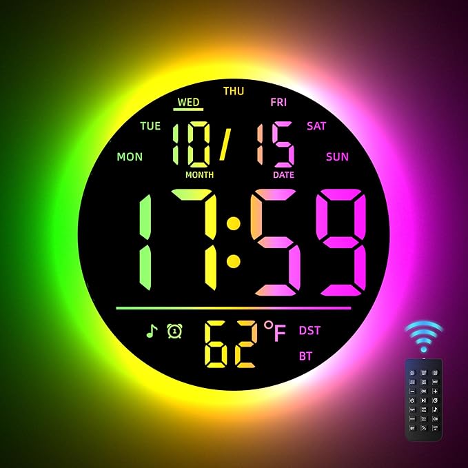 EASYERA 10" Large Digital Wall Clock with Remote Control, Music Sync RGB Atmosphere Light, Low-Reflectivity, Temperature, LED Display, Dual Alarms, BT Sync, Auto DST for Bedroom and Classroom