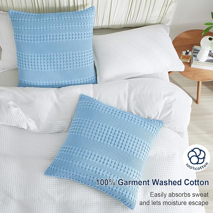 PHF Waffle Weave Euro Pillow Shams, 2 Pack 100% Cotton Pillow Covers 26x26 Inches for Decor, No Insert, Luxury Aesthetic Euro Pillow Cases for Bedroom Decor, Sky Blue