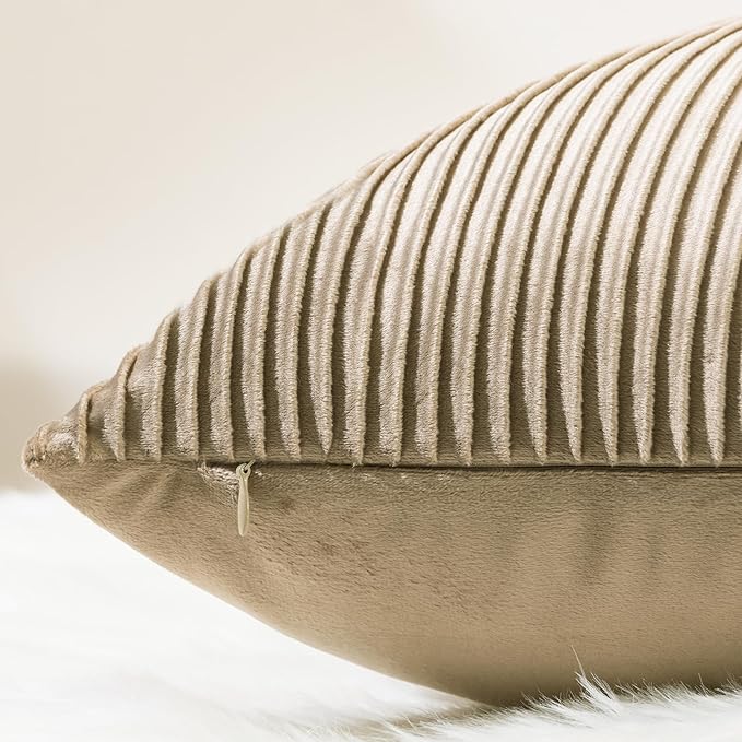 YCOLL Khaki Pillow Covers 20x20 Set of 2 Velvet Striped Pattern - Soft Throw Pillows for Home Decor, Luxury Decorative Pillow Covers for Couch, Bed,Living Room