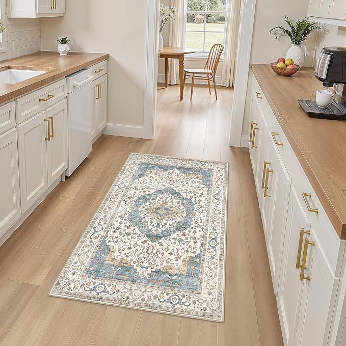 3x5 Washable Entryway Rug: Non-Slip Soft Vintage Floral Indoor Area Rug for Living Room Large Kitchen Entryway Bedroom Bedside, Door Mat Throw Carpet for Laundry Foyer Home Decor (Blue)