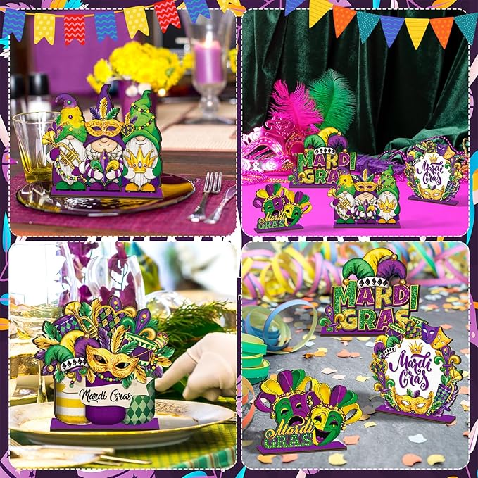Cinnvoice 6 Pcs Mardi Gras Table Decorations Wooden Table Centerpieces Rustic Wood Tabletop Sign Decorations for Home Kitchen Office Farmhouse Desk Shelves Party Tiered Tray Decor