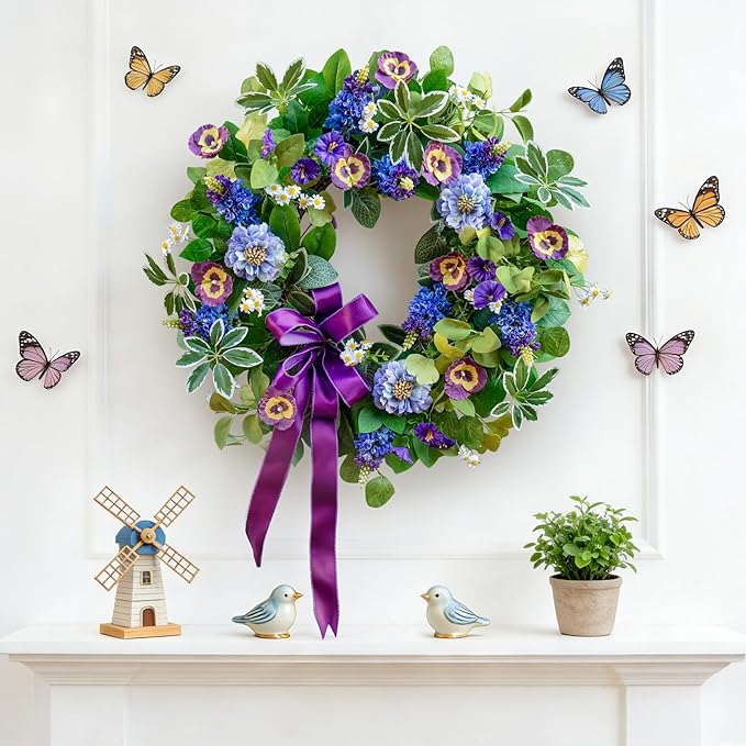 Spring Summer Wreaths for Front Door 24 Inch, Outdoor Summer Wreath with Pansy, Hydrangea & Floral Accents, Spring Wreath for Front Door Outside, Summer Wreaths Front Door for Home Decor