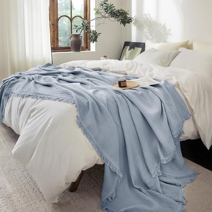 FOSSA Muslin Blanket 4-Layer 100% Cotton Gauze Blanket with Fringe 50"x70" | Super Soft Breathable Lightweight All Season & Decorative Blanket or Bed, Sofa, Office (Cornflower Blue,Throw XL)
