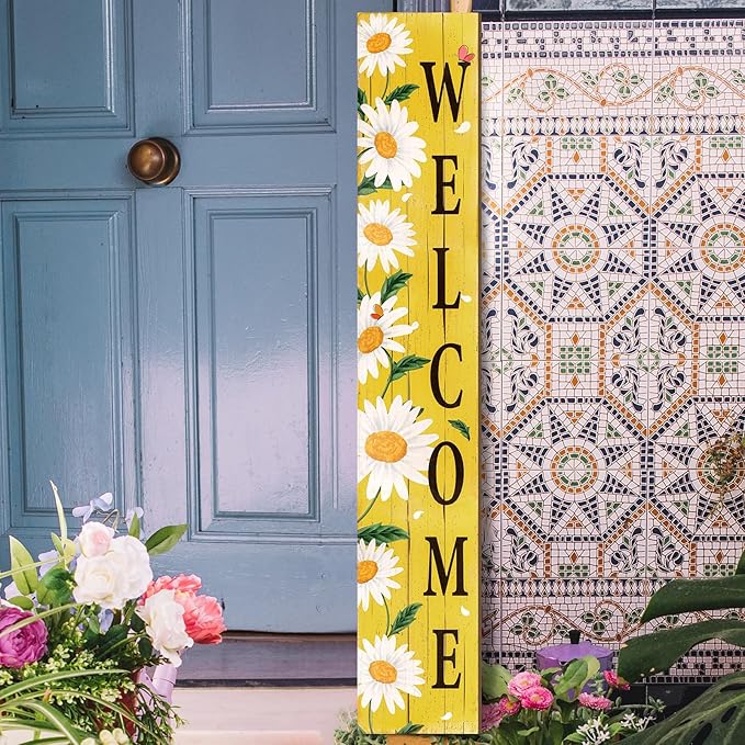 Spring Summer Welcome for Front Porch Standing, Daisy Wooden Porch Sign for Front Door Decorations, Rustic Farmhouse Hanging Wall Sign for Spring Home Decor, 47.2"H