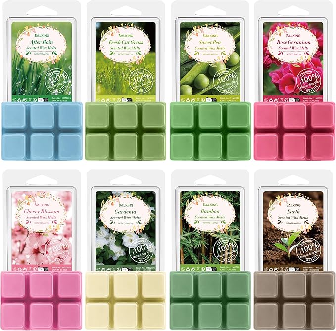 SALKING Spring Scented Wax Melts, Soy Wax Melts Gift Set, Wax Cubes/Tarts for Warmer - Cherry Blossom, Gardenia, Rose Geranium, After Rain, Fresh Cut Grass, Sweet Pea, Bamboo, Earth, 8x2.6 oz