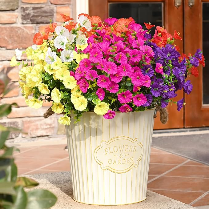 Waipfaru 24 Bundles Artificial Flowers for Outdoors Faux Plants Outdoor, UV Resistant Artificial Plants Outdoor, Silk Petunias Fake Flowers for Outside Home Decor Planter Porch Decoration, Mix Color
