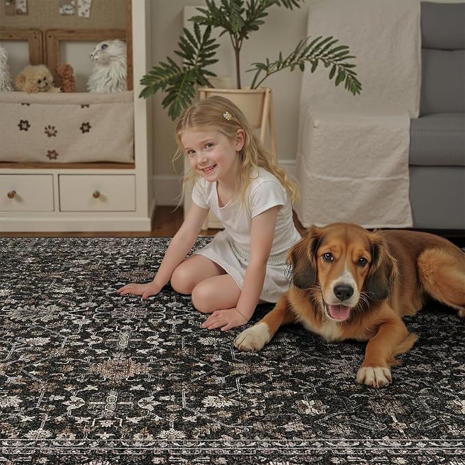 DCX Black 4x6 Rug, Kid & Pet Friendly with Rubber Back Non Slip, Machine Washable Stain Resistant Vintage Traditional Distressed Carpet, Rug for Living Room, Bedroom, Home Decor
