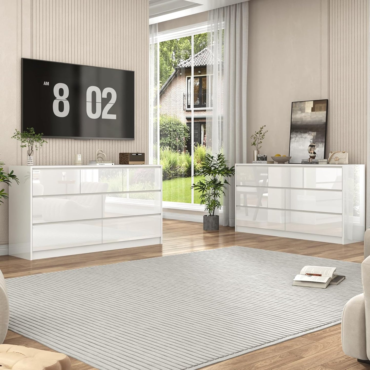 White Malm Dresser for Bedroom, 55 Inch Full High Gloss Dresser with 7 Drawers, Modern Large Wood Chest of Drawer Handle Free, Living Room, Entryway, Hallway, White