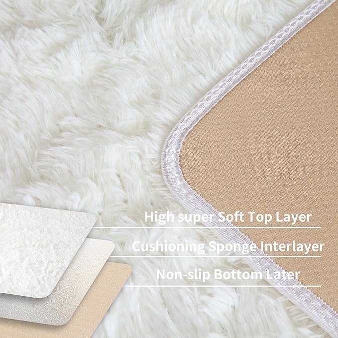 KCHOWUA Cream White Fluffy Shag Rug for Bedroom,4'x6' Machine Washable Soft Shaggy Fuzzy Small Area Rugs for Living Room,Cute Furry Plush Kids Rugs Nursery Dorm Boys Girls Bed Room Carpets,Ivory
