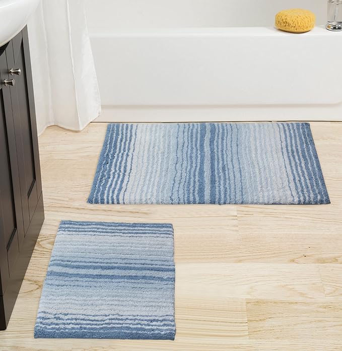 Home Weavers 100% Cotton Gradiation Collection Bathroom Décor | Washable Rug | Bathroom Mat | Kitchen Mat | Bathroom Rug Set | Bath Mat Set | Bath Floor Mat Non Slip, 2 Piece Set(S+M), Blue
