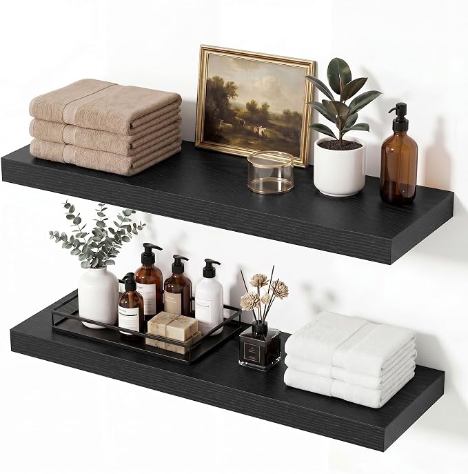 Vivelove Black Floating Shelves for Wall with Invisible Brackets, 24 Inch Floating Shelves for Bedroom Bathroom Living Room Kitchen Office, 24”X 8" X 1.4", Set of 2 - Black