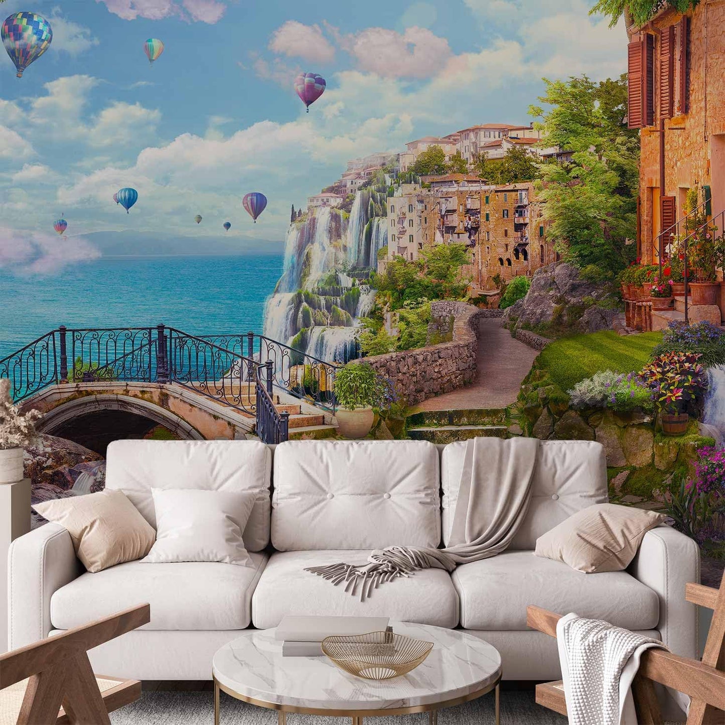 artgeist Wall Mural Landscape 216x98 in - XXL Non-Woven Corner Wallpaper Fleece Angle Wall Decor Photo Print Picture Baloons Waterfall Architecture Landscape Clouds c-B-10182-a-a