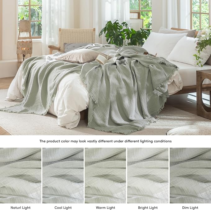 MooMee Muslin Blanket - 100% Cotton 4-Layer Gauze Throw Blanket with All-Around Fringe, Soft Breathable Lightweight Cooling Summer Blankets for Bed Couch(Sage Green,Twin XL 66" x 90")