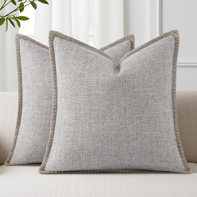 decorUhome Summer Decorative Throw Pillow Covers 26x26 Set of 2 Square Faux Linen Outdoor Neutral Farmhouse Euro Sham Pillow Covers with Stitched Edge for Couch Sofa Living Room, Light Grey
